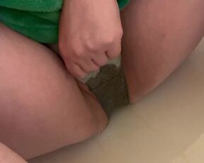 Gushing Pee through grey panties. Already leaked.